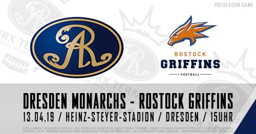 Spielankündigung für Testspiel der Dresden Monarchs gegen die Rostock Griffins